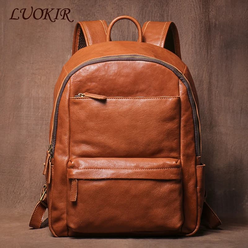 LUOKIR Vintage Travel Backpack for Men's Genuine Leather College Style School Bag for Women's Bovine Leather Laptop Bags for 15 Inch Laptop