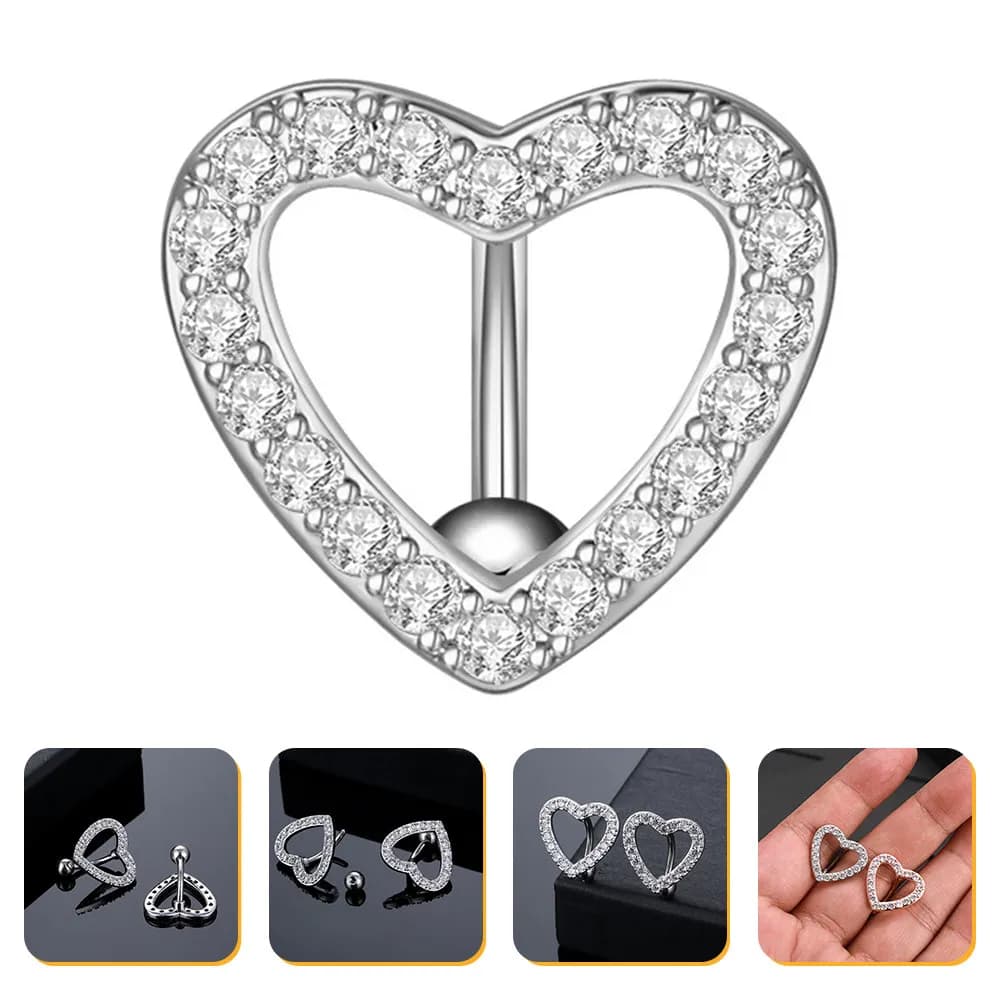2 Pezzi Piercing all'Ombelico a Forma di Cuore con Zirconi, Gioielli per il Corpo in Acciaio Inossidabile, Eleganti Anelli per Piercing all'Ombelico