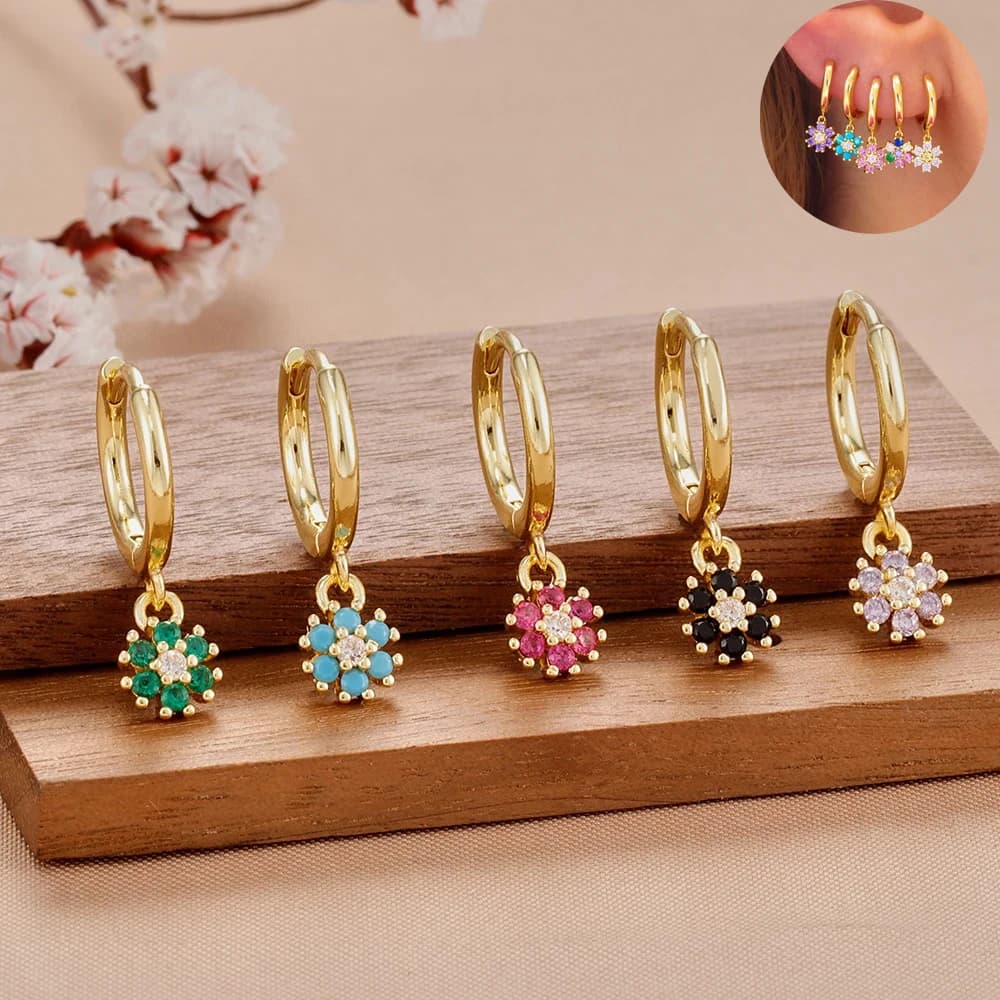 Exquisite Multicolor Crystal Flower Hoop Earrings for Women Girl Stainless Steel Fashion Korean Wedding Romantic Jewelry Gifts