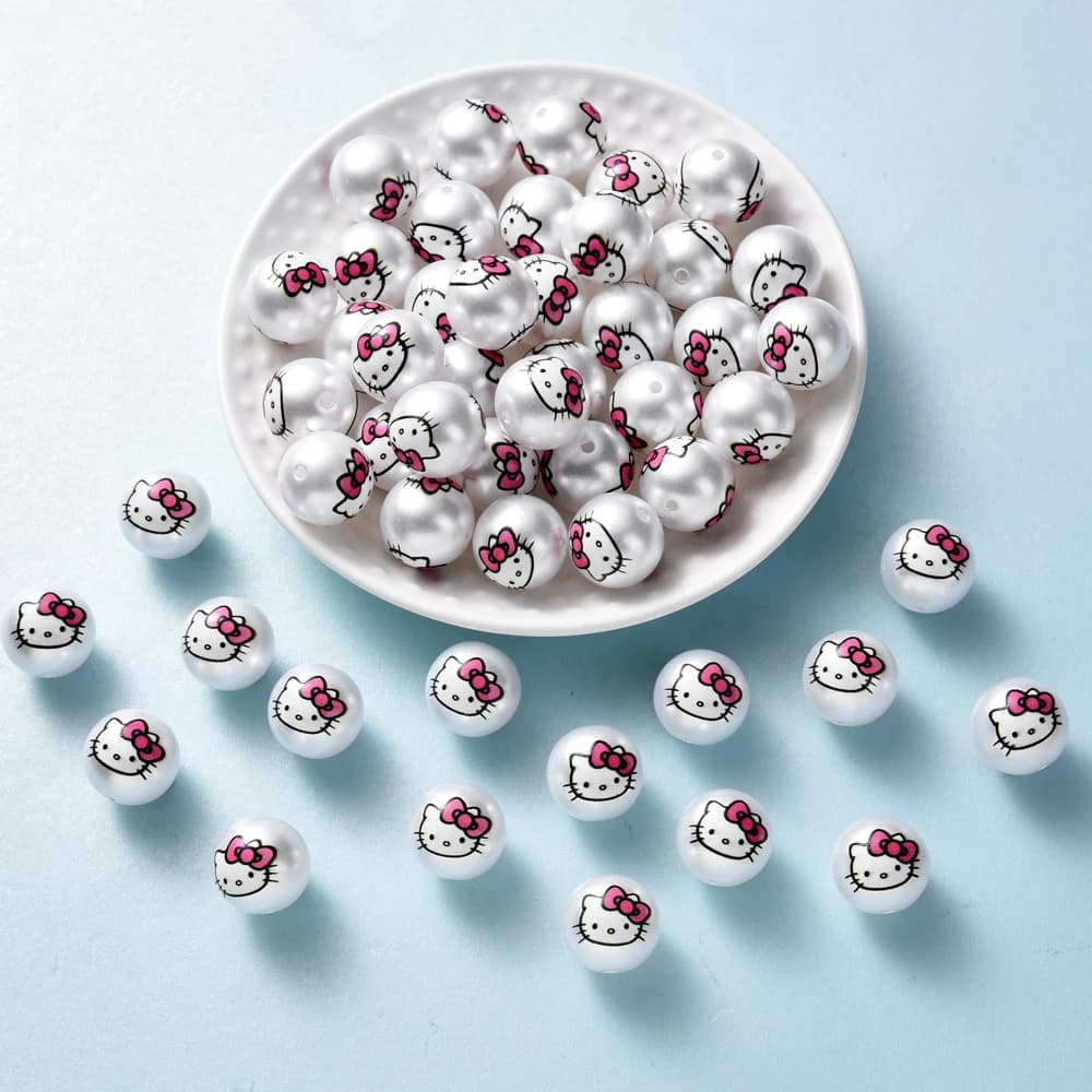 10 Pezzi Perline Acriliche Rotonde con Stampa Hello Kitty per Fai da Te, Catenelle Portaciuccio, Collane, Braccialetti e Accessori