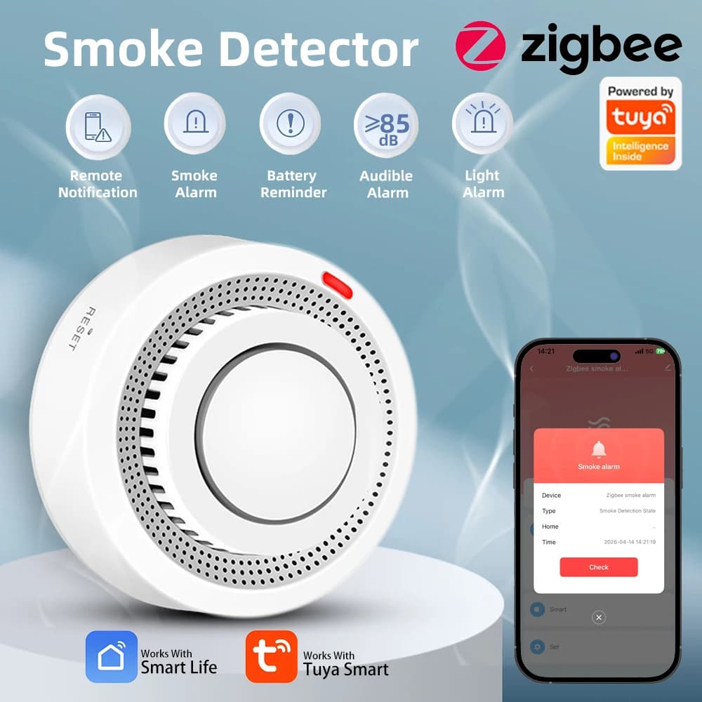Arumny Tuya Zigbee Smoke Alarm Wireless Smart Fire Detector APP Alert 85dB Sensor Replaceable Battery Smart Home Security System