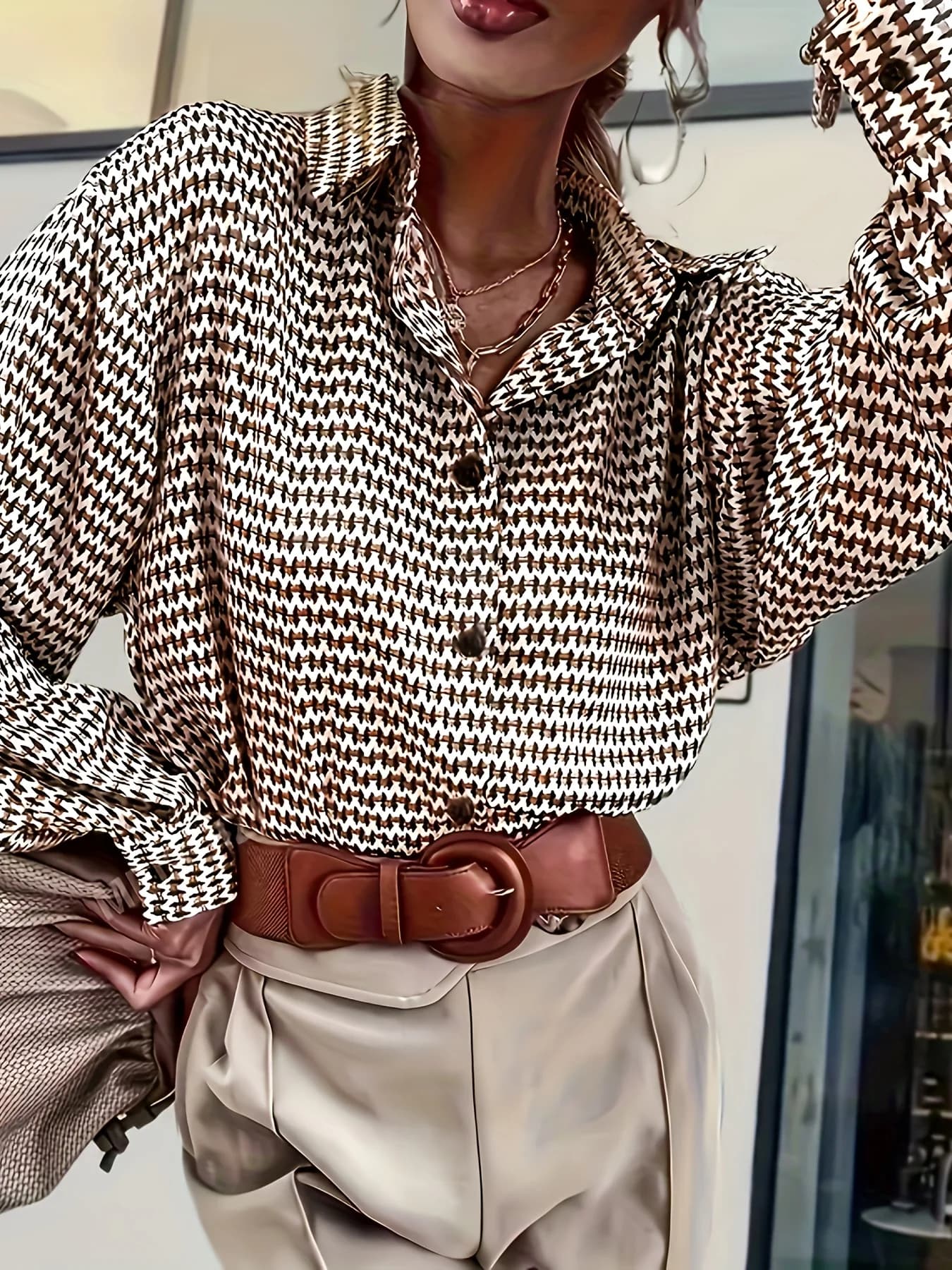 Camicia da donna casual, alla moda, comoda, stampata, con bottoni a fila singola, colletto a revers e maniche lunghe