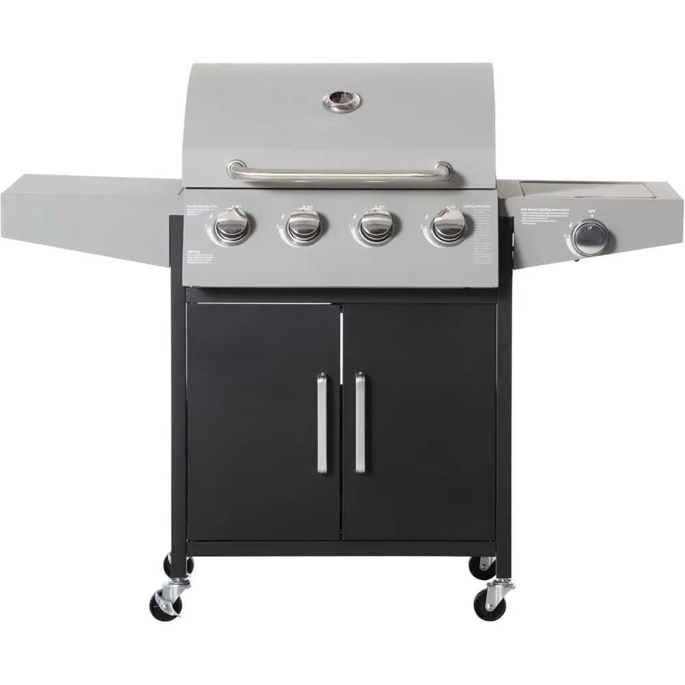 Grill a Gas Propano a 4 Bruciatori con Fornello Laterale, Barbecue da Esterno in Acciaio da 48.000 BTU con Armadietto, Ripiano, Griglia di Riscaldamento, Termometro