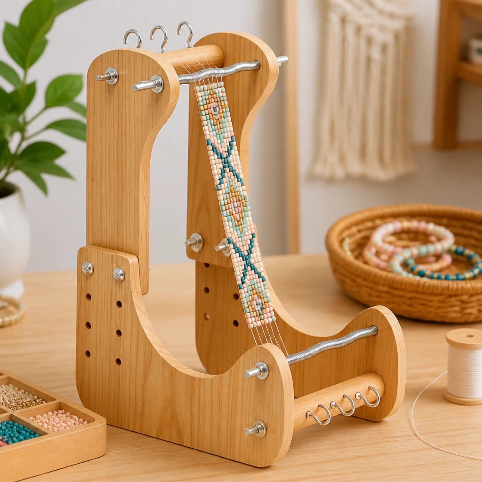 Adjustable Wooden Bead Loom Jewelry Weaving Frame Kit Hobby Tool for Bracelets Beads and Necklace Projects