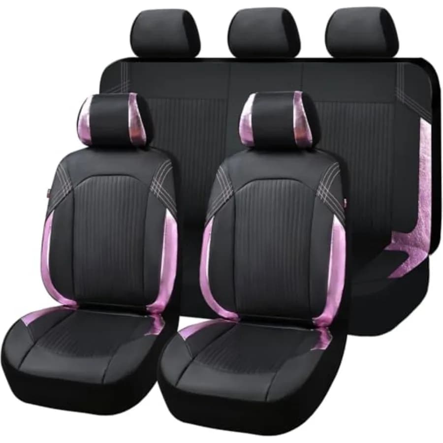 Car Seat Covers Synthetic Leather Set Complete Front and Back, Fashion Design, Easy Installation, Glass Holders Included, Black Pink, Low Bucket Model