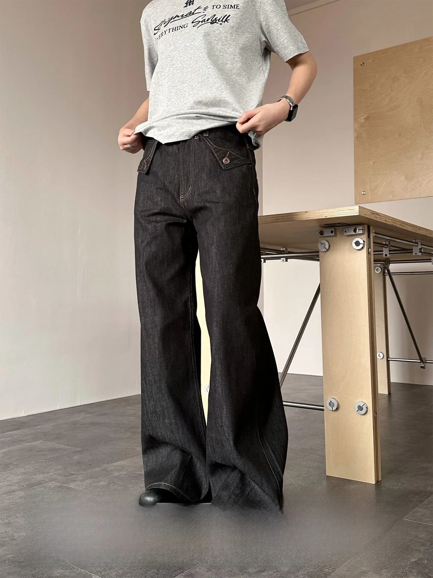 Jeans in Denim a Vita Alta e Gamba Larga Stile Neutro, Pantaloni a Linea A Lunghi fino al Pavimento, Moda Primaverile in Cotone Casual