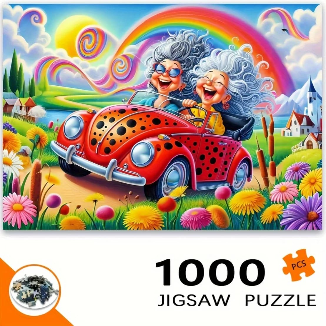 Puzzle per scene di guida delle sorelle felici da 1000 pezzi - Auto rossa vibrante con donne anziane e fiori colorati, Ide per amanti fai da te senza cornice