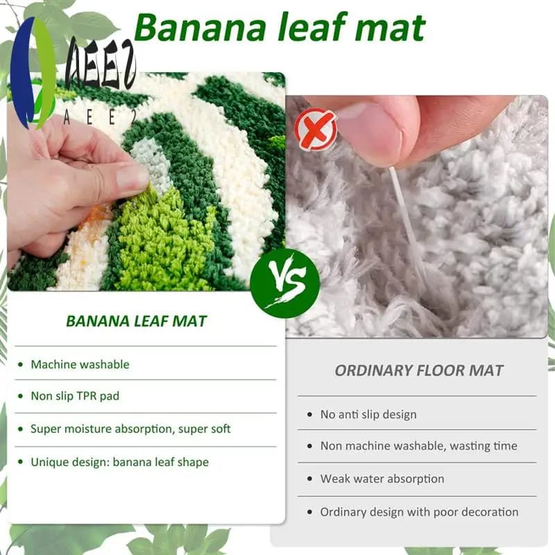AEE2-Green Leaf Mat Tappetino da bagno antiscivolo a forma di palma Monstera Tappetino da bagno carino Tappetino da bagno super assorbente Tappeto da bagno