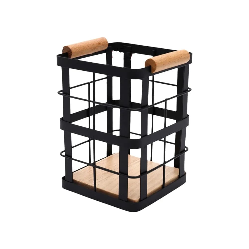 Cestino portaoggetti quadrato in ferro con base in legno, contenitore cavo per bacchette e cucchiai, tubo antiscivolo decorativo per stoviglie