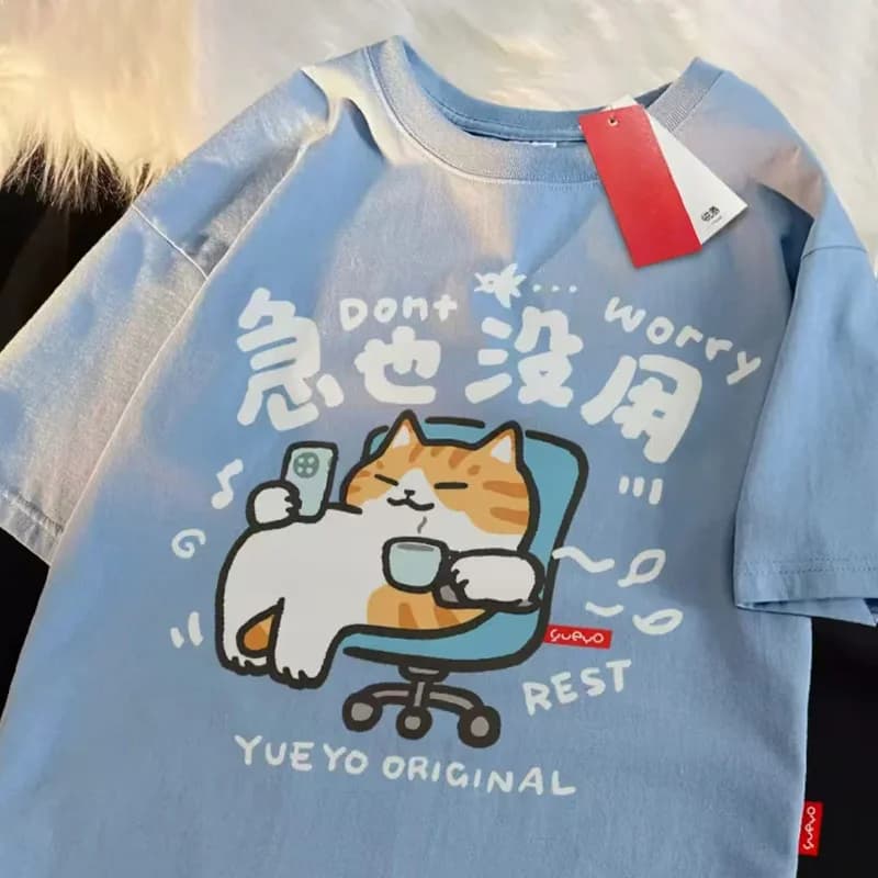 Divertente maglietta a maniche corte da donna estiva con stampa di lettere di gatto dei cartoni animati, girocollo, versatile, alla moda, per coppia