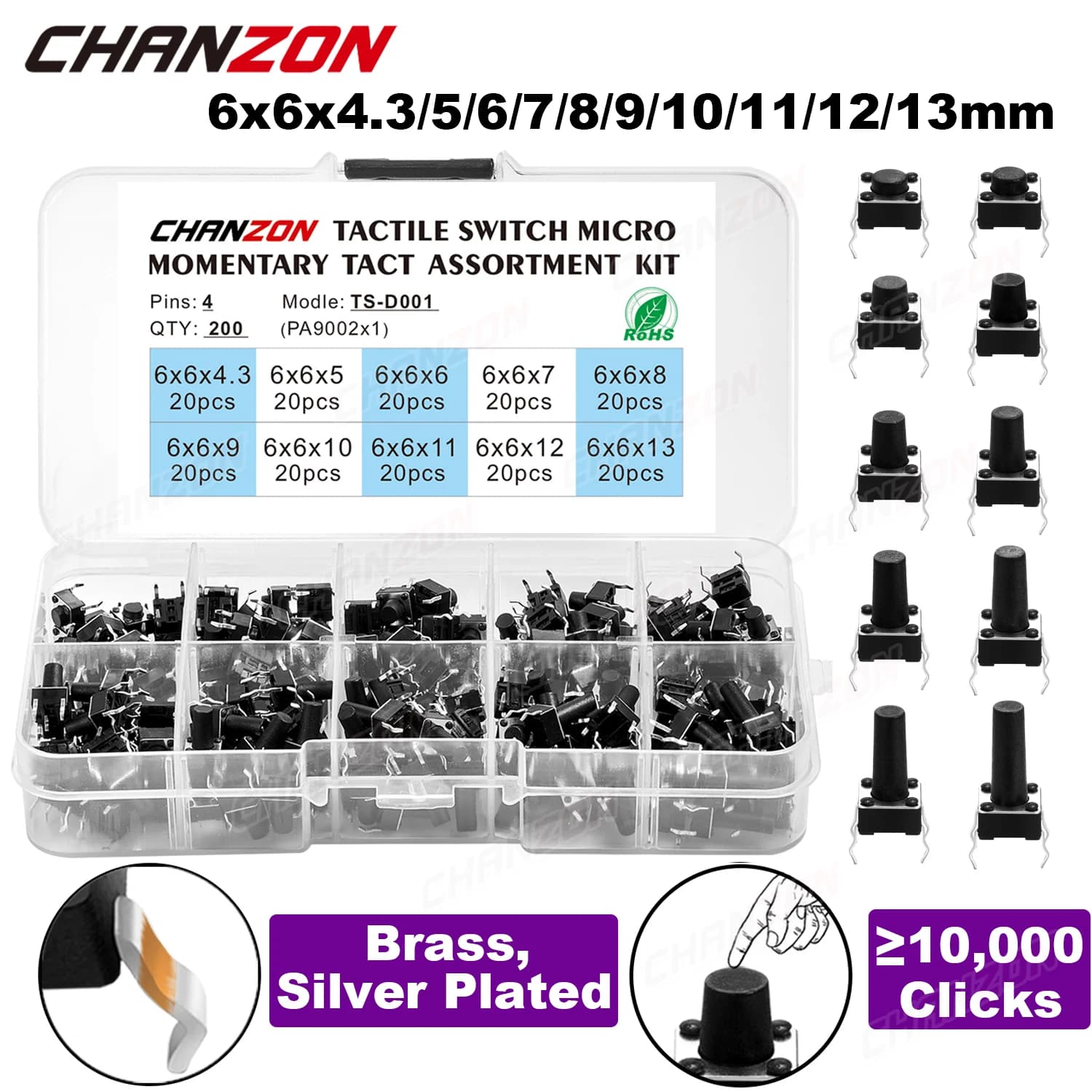 10 tipi 6x6mm Micro Push Tact Switch Kit 6x6 Tattile Toggle Touch Button Pcb 4pin Pulsante 4.3mm 5mm 6mm 8 9 10 11 12 13 mm