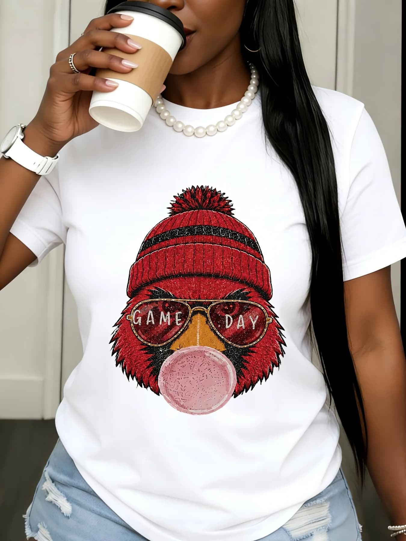 Casual Streetwear Black T Shirt Funny Bird Wearing Beanie And Sunglasses Game Day Graphic Tee For Women Sports Fan Gift