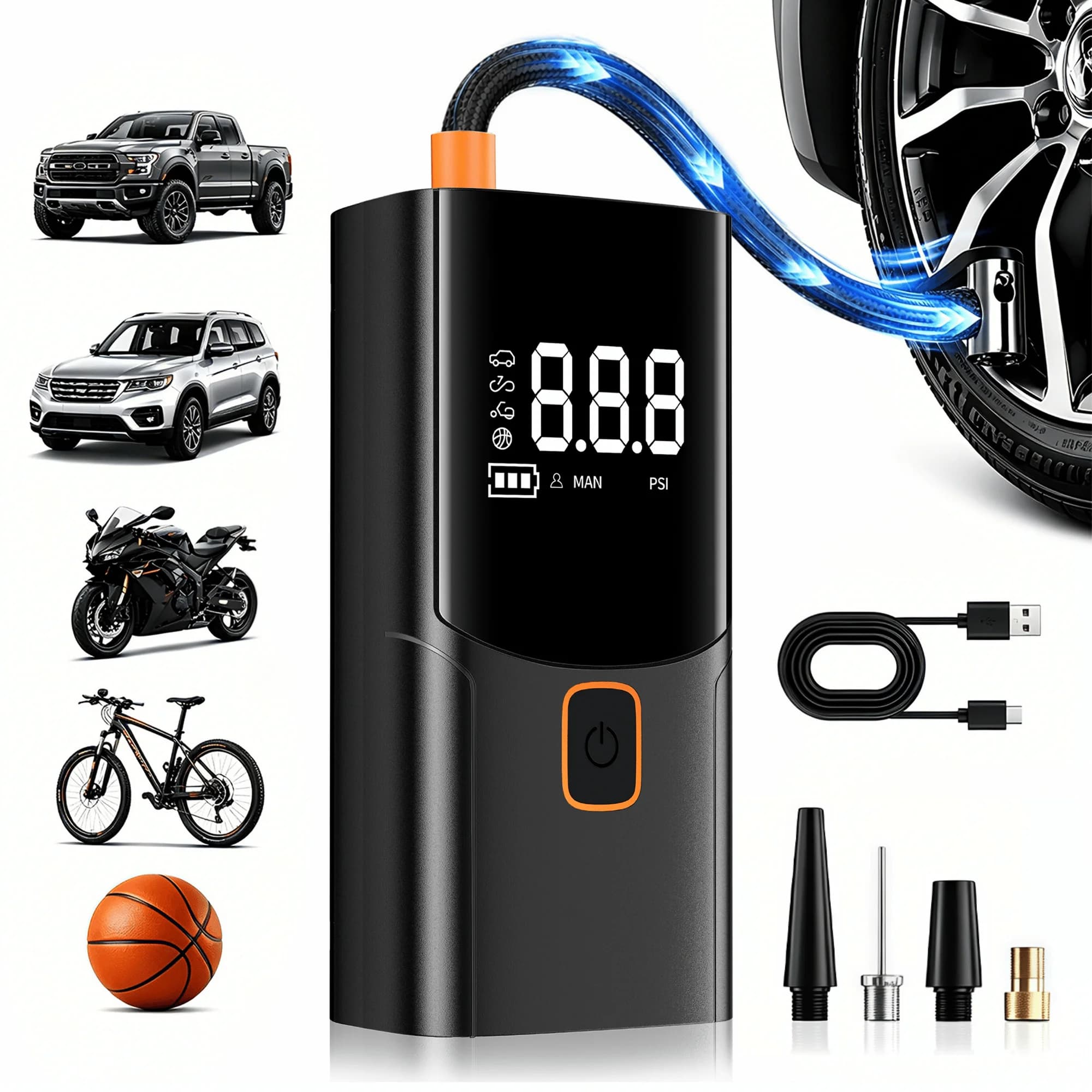Portable Air Compressor Car Tire Inflator, Electric Tire Pump with LED Light, Digital Pressure Display, Auto Shut Off, Suitable for Car, Motorcycle, Bike, Ball, Emergency Tire Inflation