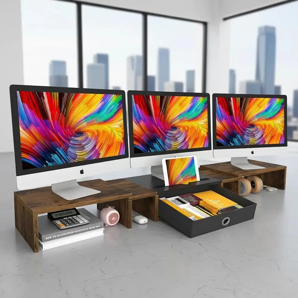 Supporto Regolabile per Tre Monitor con Organizzatore da Scrivania per 2-3 Schermi, Laptop, Stampante e TV