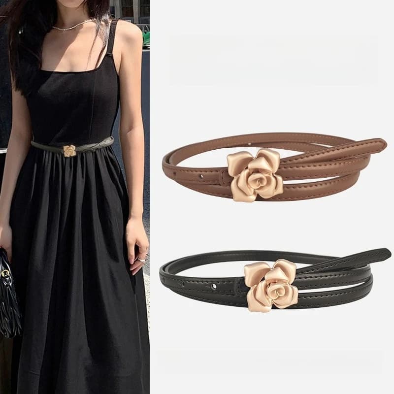 Cintura da donna in vera pelle con cintura sottile da donna in pelle con rimorchiatore a fiori con abito maglione stile donna