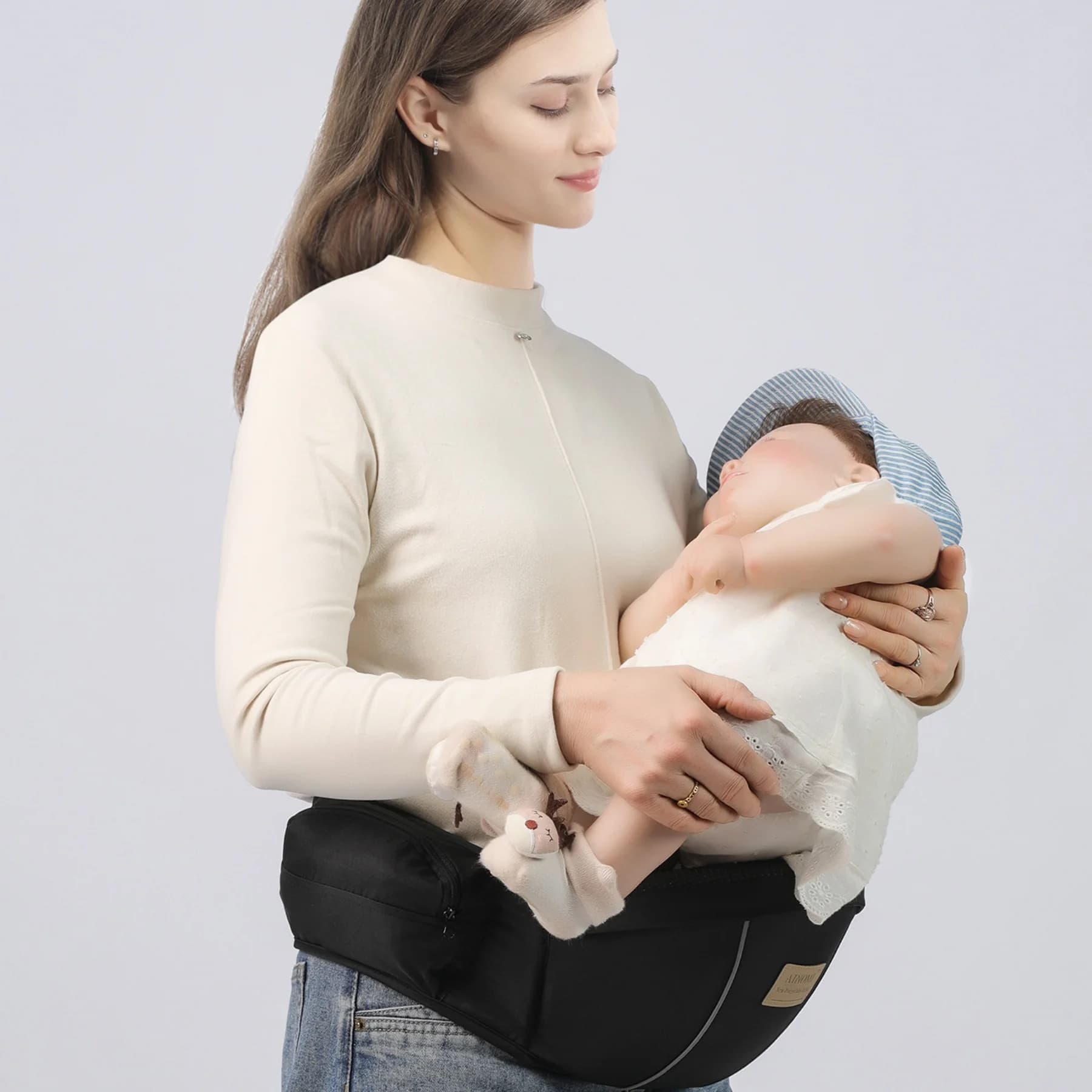 Marsupio Ergonomico Nero per Neonati, Seggiolino da Vita per Bambini con Vano Portaoggetti Integrato, Marsupio Mani Libere per Bambini, Leggero e Regolabile