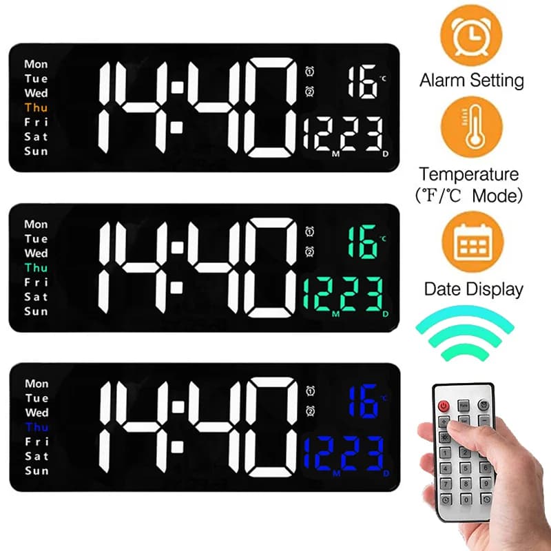 Grande orologio da parete digitale Temperatura Data Settimana Display Telecomando Orologio da tavolo alimentato tramite USB Orologi a LED con doppia sveglia montati a parete