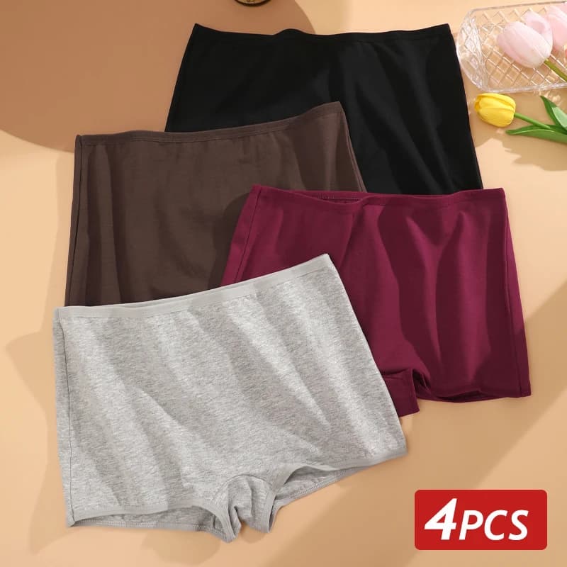 4PCS/Set Women Cotton Boxers Sexy Low Rise Lingerie Female High Elastic Boyshorts Ladies Safety Underwear Solid Color XS-XL