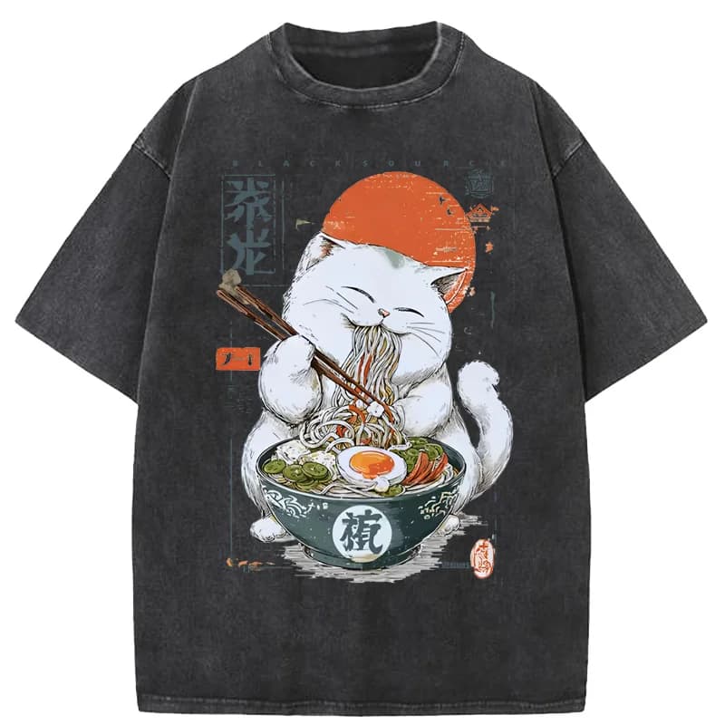 Magliette Carine con Stampa Ramen per Uomo, T-Shirt Giapponese con Gatto, Magliette Estive in Cotone a Maniche Corte con Stampa Grafica, Abbigliamento Unisex Cartoon