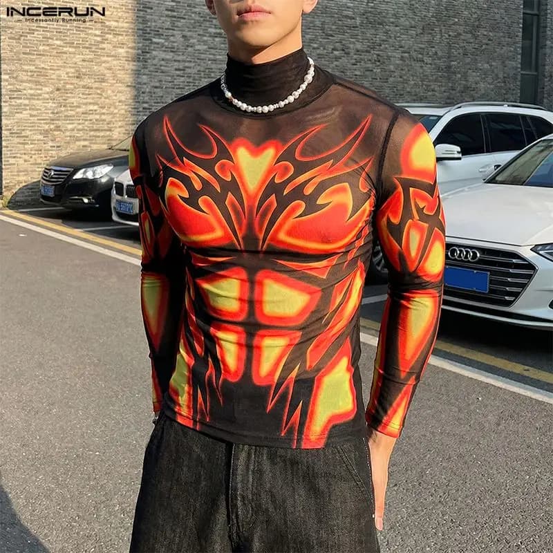 INCERUN Men's T Shirt Printing Turtleneck Long Sleeve See Through Tee Tops For Man Streetwear Mesh Fashion Men Clothes Camisetas