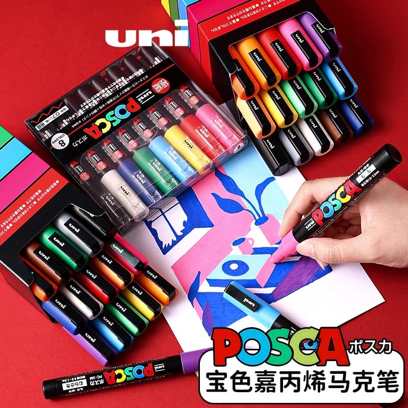 Uni POSCA Set pennarelli, PC-1M 3M 5M 7/8/15 Arte colorata Vernice acrilica rotulador Inchiostro pigmentato permanente per metallo Pelle Roccia