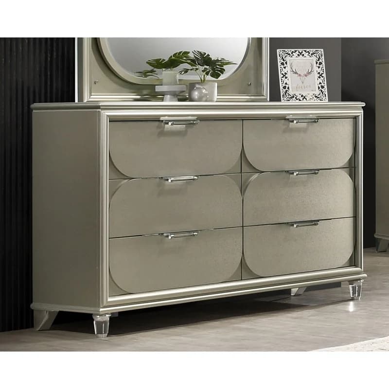 Contemporary Silver 6-Drawer Dresser with Acrylic Handles and Embossed Panels