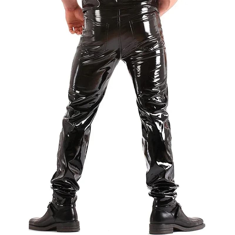 Men's Shiny Faux Leather Pants Mid Waist Trousers Man Wet Look Stretch PU Bodycon Pants New Pant Support Custom
