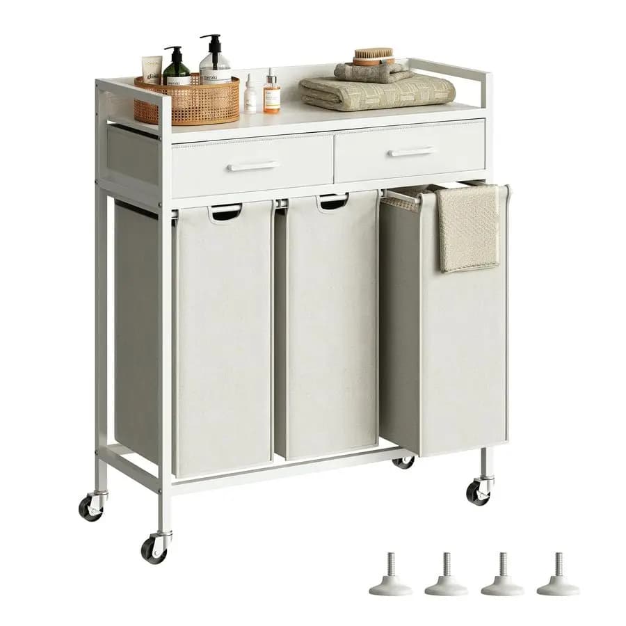 3 compartment whitewashing basket with shelf, 3 basket with 3 compartments with wheels and storage boxes