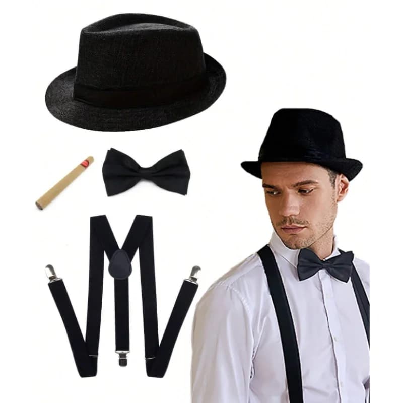 1920s Mens Gangster Costume Set Black Fedora Hat Bow Tie Suspenders Fake Cigar for 20s Mafia Cosplay Halloween Party Fancy Dress