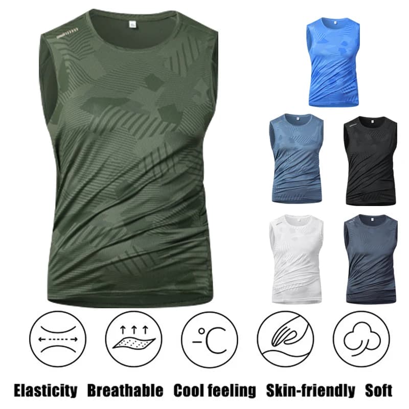 Men's Summer Casual round Neck Pullover Vest Quick-Drying Ice Silk Sleeveless Sports T-Shirt Youth Versatile Large Size