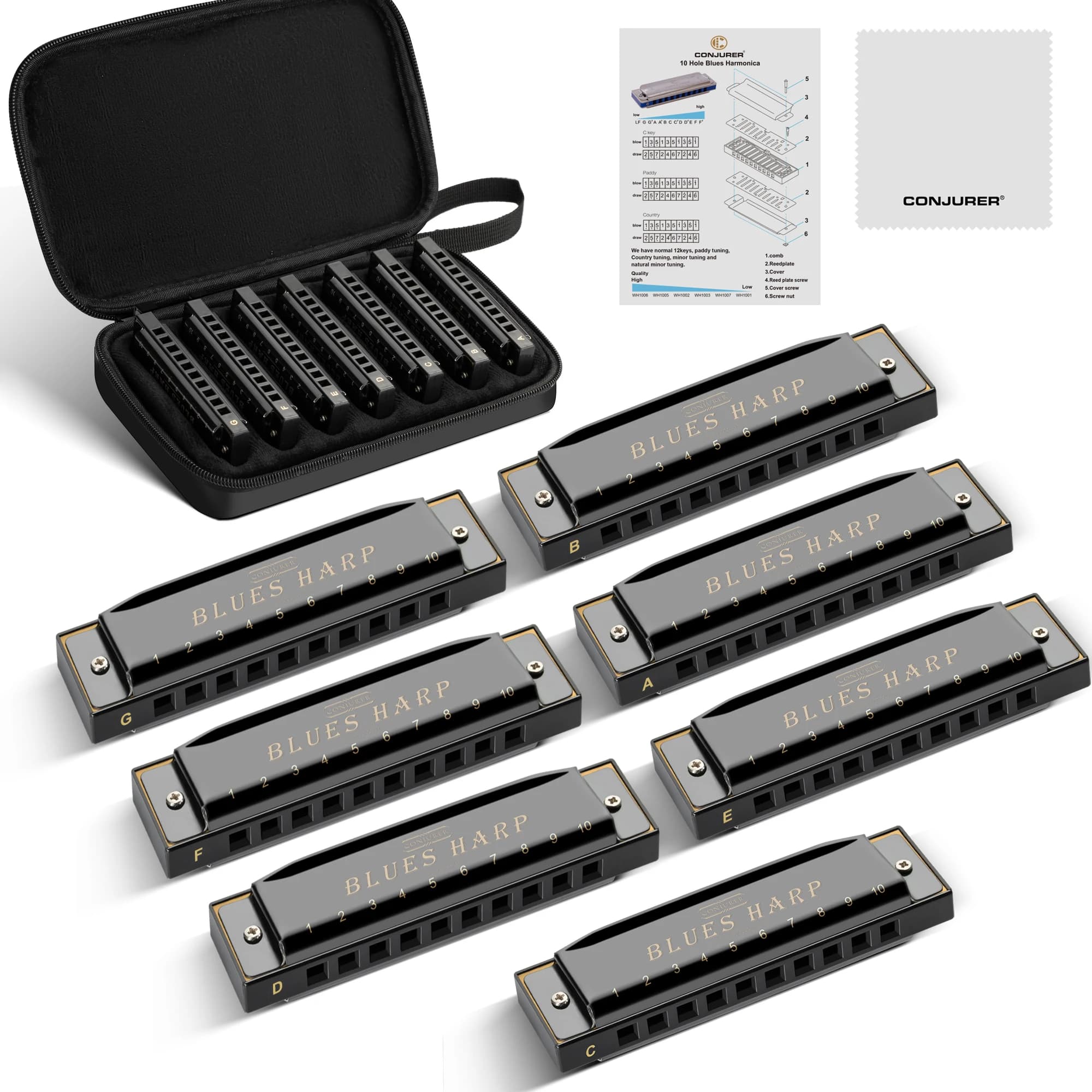 Armonica blues Conjurer a 10 fori set di 7 chiavi con custodia per regalo professionale per adulti principianti