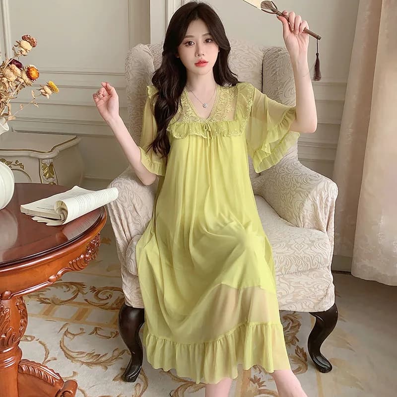 Pajamas with Chest Pads Women's Summer Season Short Sleeves Modal Mesh Lace Court Princess Style Pajamas Loungewear 2026