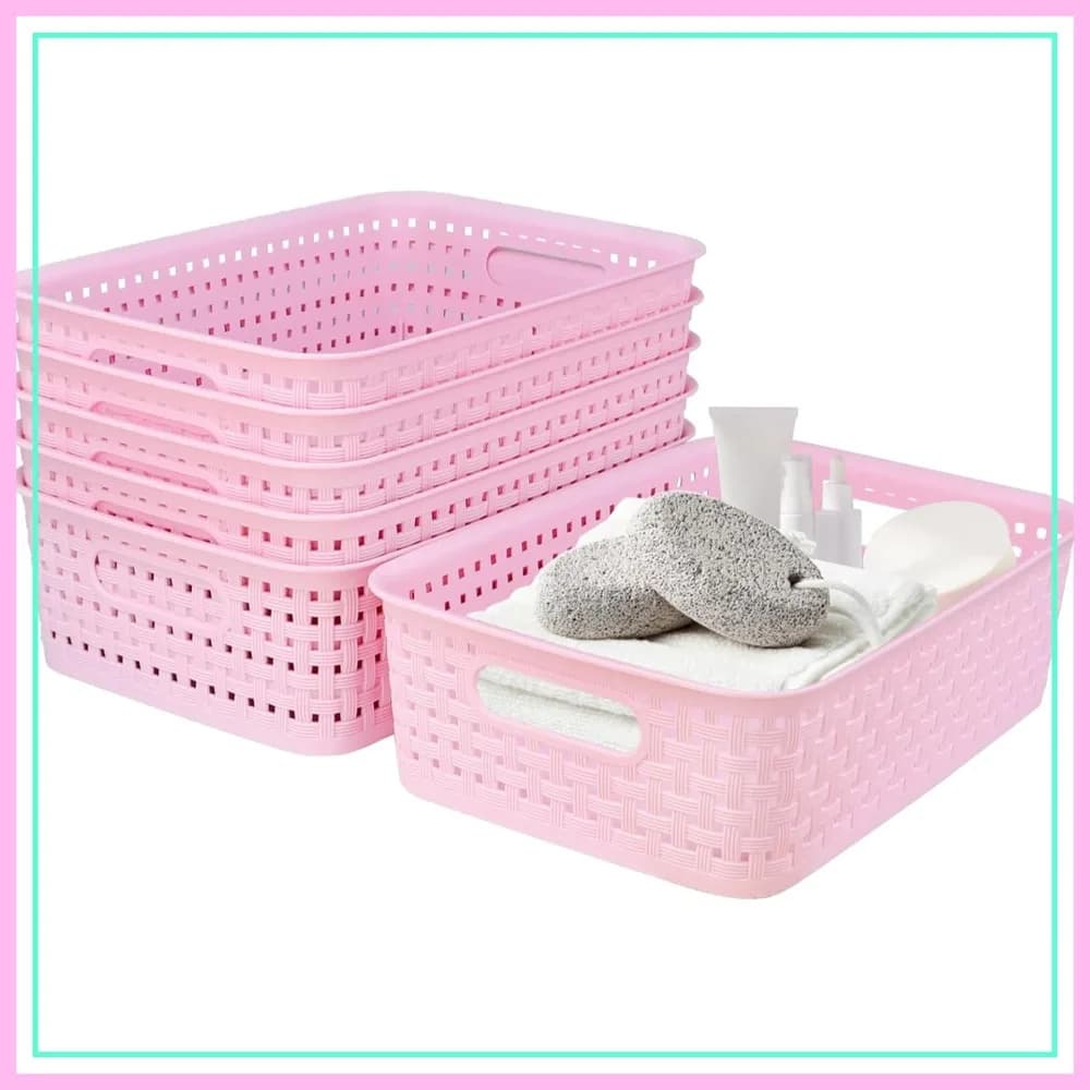 Cestini portaoggetti in plastica intrecciata per scaffali, piccoli contenitori organizer per dispensa, cucina, bagno, camere da letto (rosa, 6 pezzi)