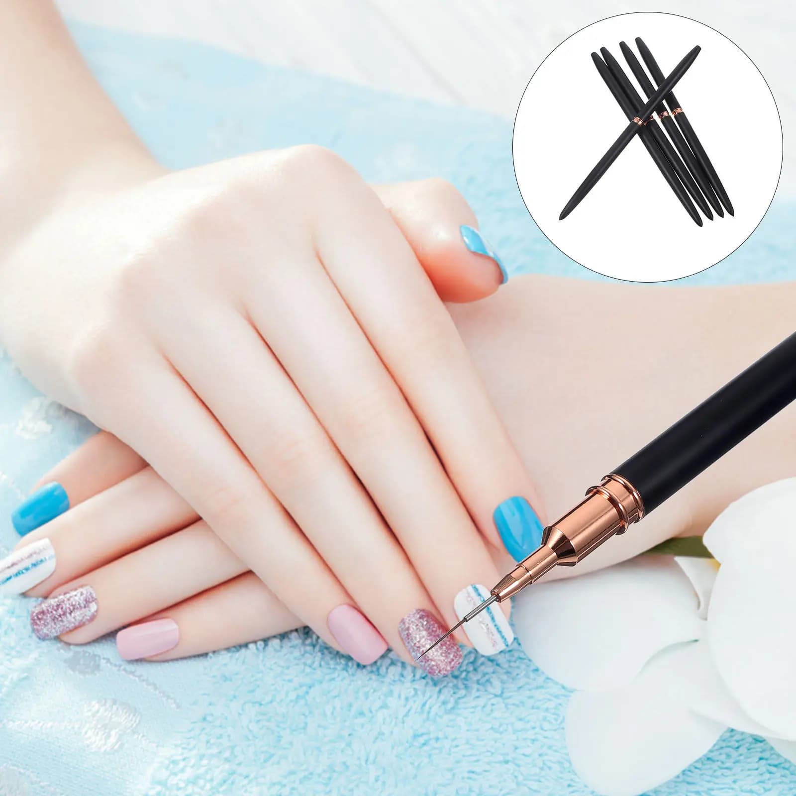 Set of 5 Nail Art Brushes, Complete Nail Design Brushes, Professional and Domestic Manicure Tools, Gift for Manicurists