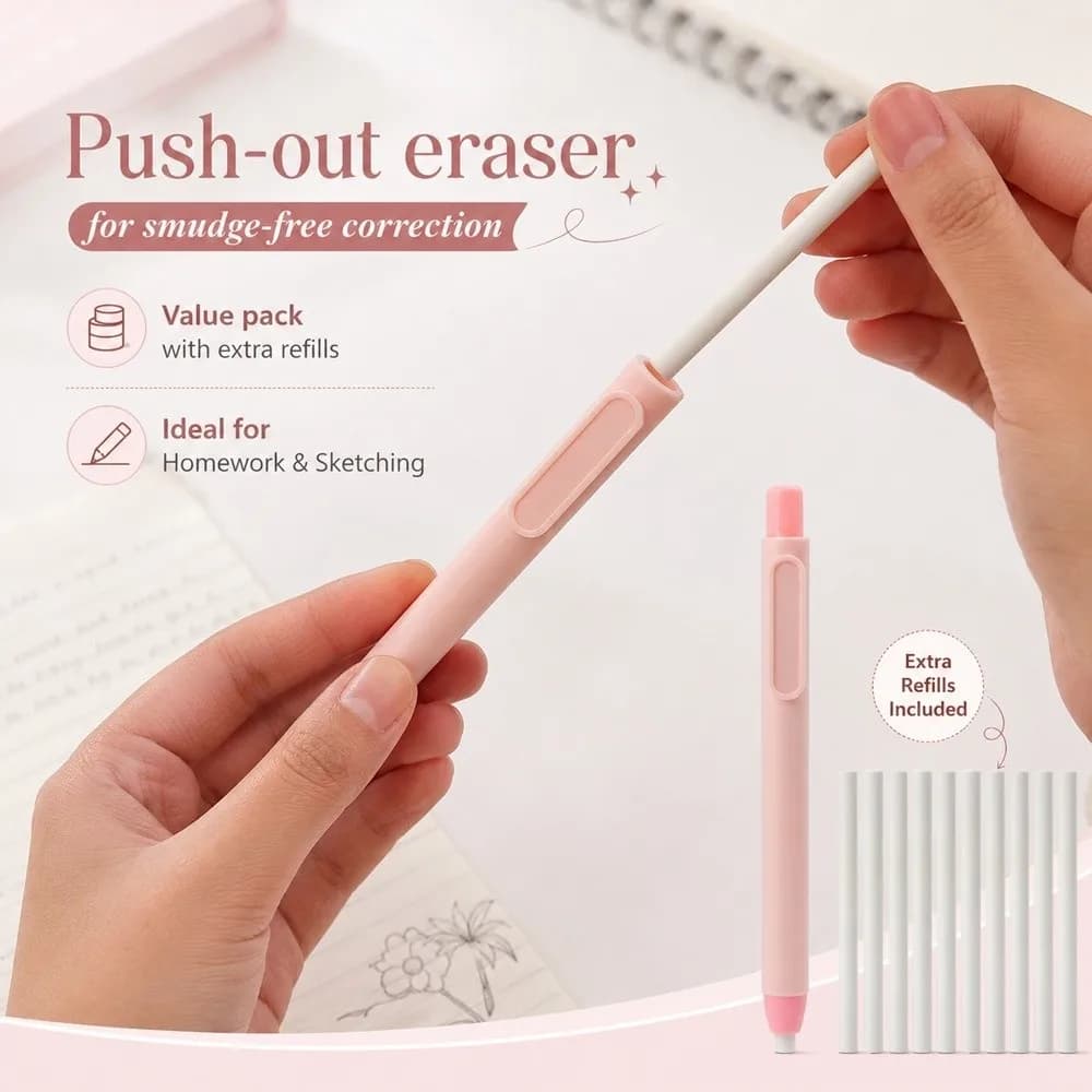 14Pcs Retractable Pen Shaped Eraser Macaron With Refill Eraser Leads Eraser Set Push Type Pencil Eraser