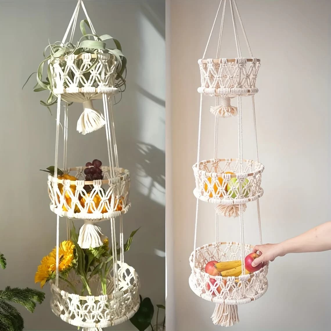1/2/3-Tier Macrame Hanging Fruit Basket, Boho Hanging Basket- Wall Storage for Fruits, Vegetables, And Indoor Plants, Bohemian Kitchen Decor, Fall Fashion Must Haves, Christmas Decorations, Vegetable Organizer, Fruit Display, Macrame Design
