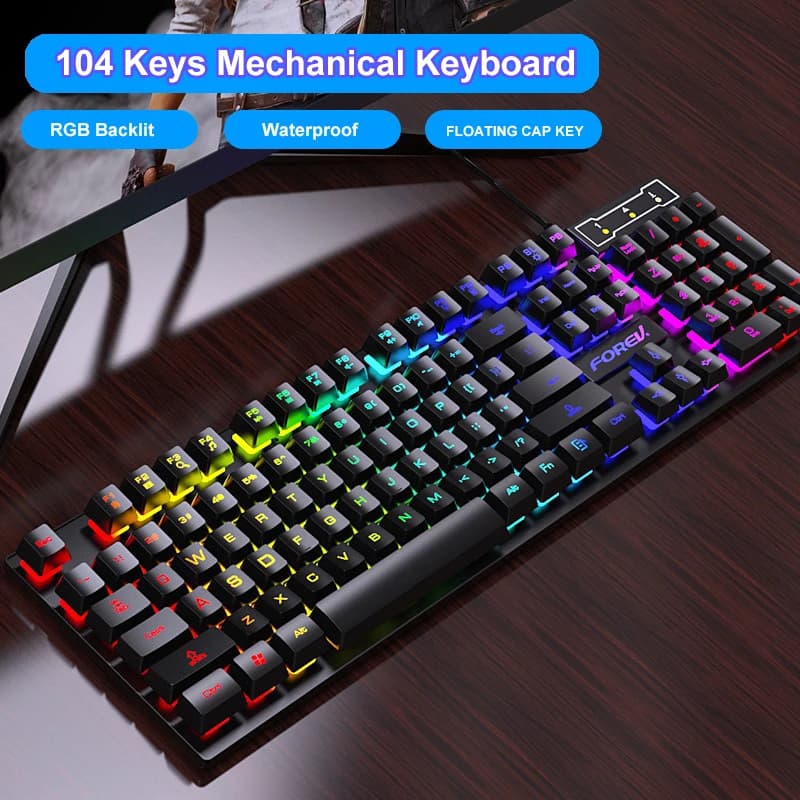 Tastiera da gioco meccanica a 104 tasti Tastiera da gioco cablata per laptop Desktop Ergonomia Copritasti LED retroilluminati RGB Accessori per PC