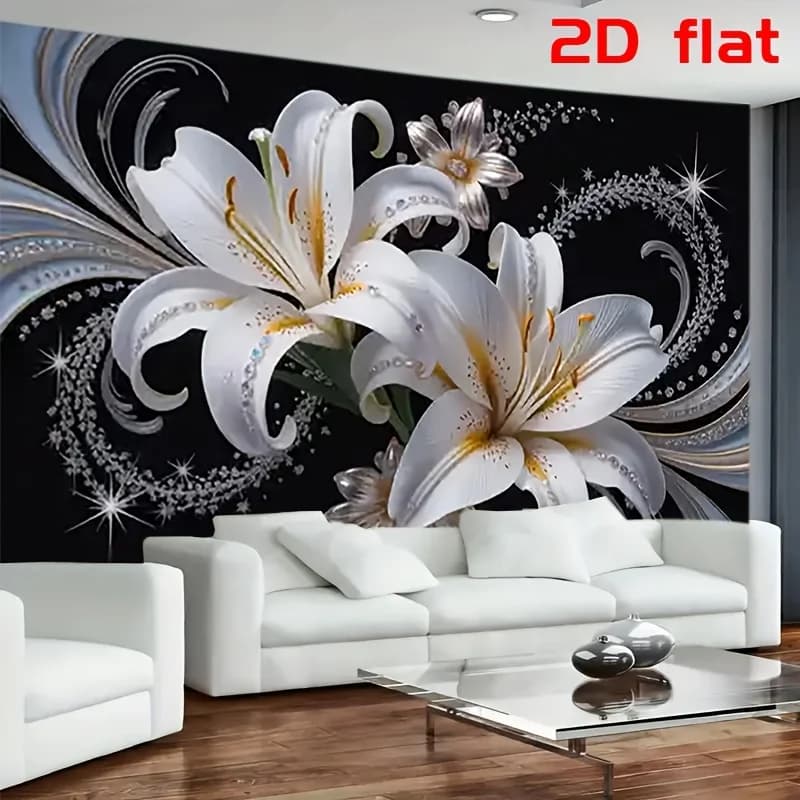 Luxurious White Lilies Floral Tapestry Wall Decor Black Background Art Modern Floral Mural Print Living Room Home Decoration Abs