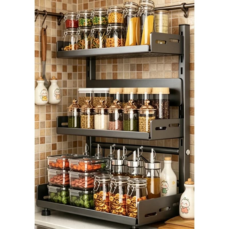 Scaffale porta spezie a 3 livelli per piano di lavoro - Organizzatore regolabile per spezie da armadio, mensola da cucina in metallo nera