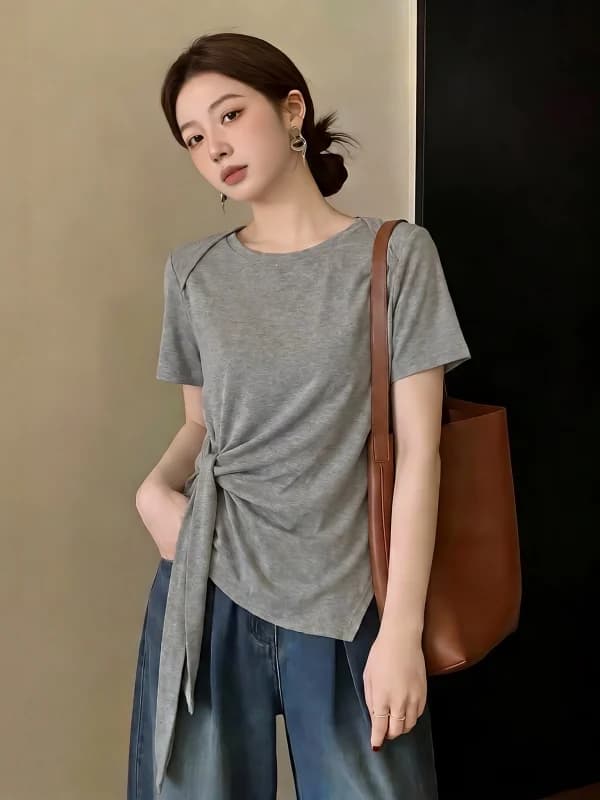 Grey Short Sleeve T-Shirt Women's Summer New Style plus Size Loose Fit Korean Style Commute Wind Knitted Regular Sleeve Length