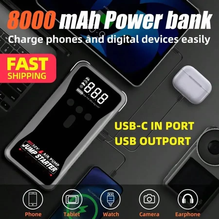 Avviatore di Emergenza Portatile per Auto da 8000mAh con Pompa d'Aria e Power Bank USB-C per Telefoni e Tablet