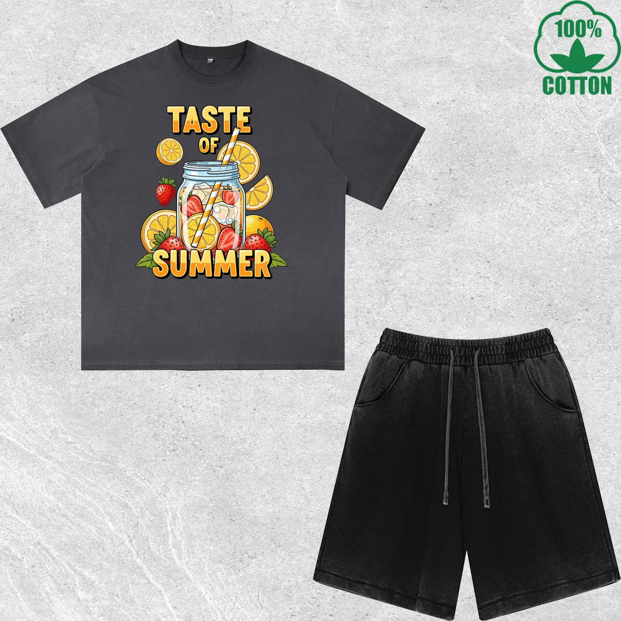 Set T-Shirt e Pantaloncini Stampati 'Taste of Summer' in Cotone 100% Effetto Lavato, Multicolore, Stile Trendy e Comodo