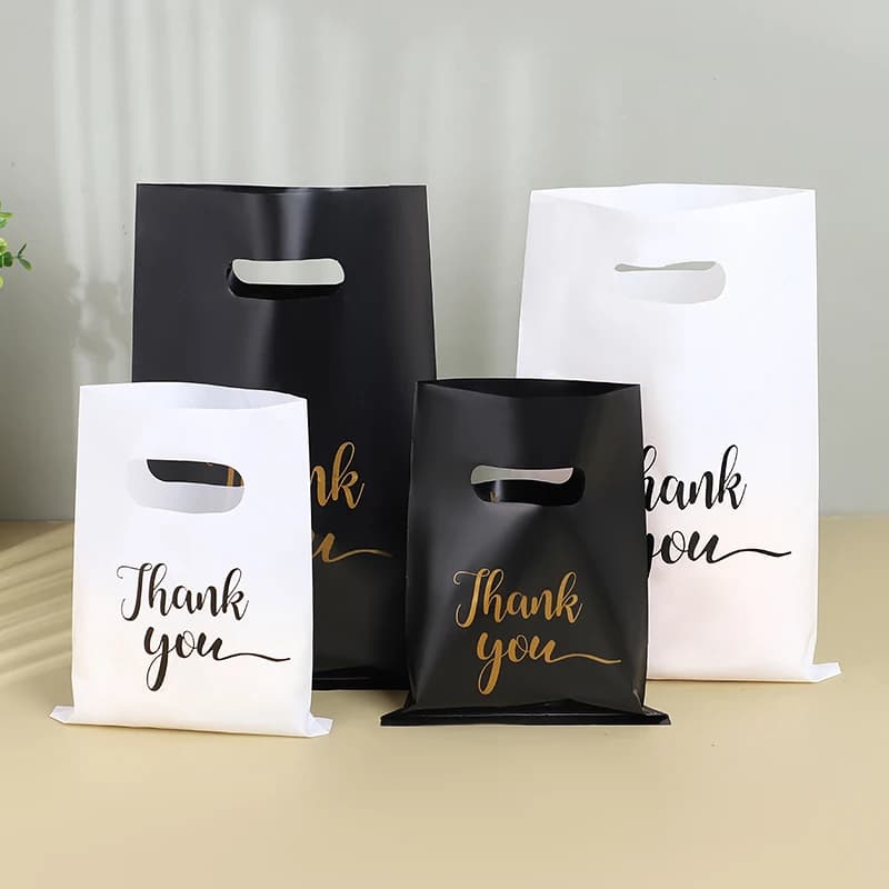 30 sacchetti di plastica di ringraziamento, sacchetti per la spesa riutilizzabili, decorazioni per matrimoni, feste di compleanno, bomboniere, sacchetti per merci in bianco e nero
