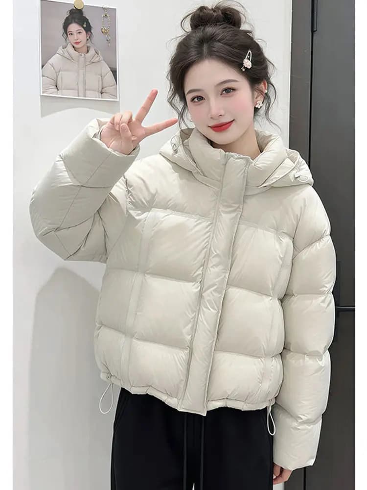 Cloud Doughnut Winter Thickened Cotton Jacket Women's Warm Hooded Loose Cotton Coat Commute Simple Style Long Sleeve Coat
