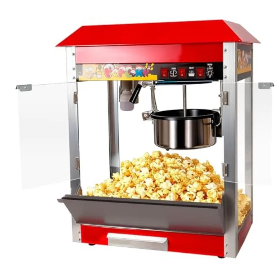 Macchina per Popcorn Commerciale con Controllo a 3 Interruttori, Porte in Vetro Temperato, Pentola Grande da 8oz per 48 Tazze - Preparazione Rapida in 3-5 Minuti