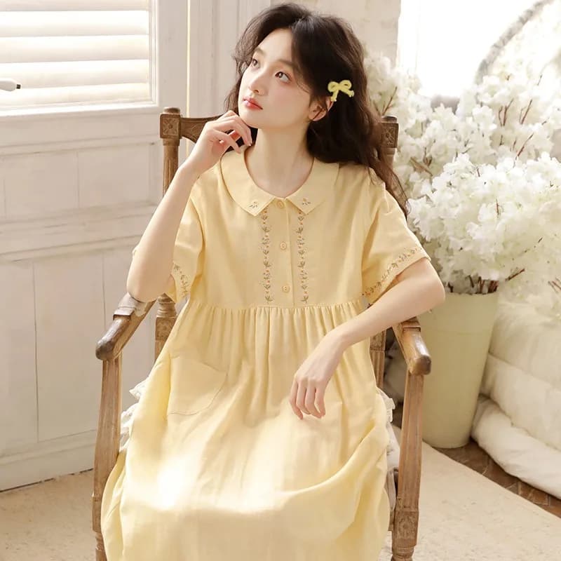 Women's Summer Pajamas, Medium To Long Pure Cotton Nightgown with High-Tech Embroidery for Loungewear and Outdoor Use