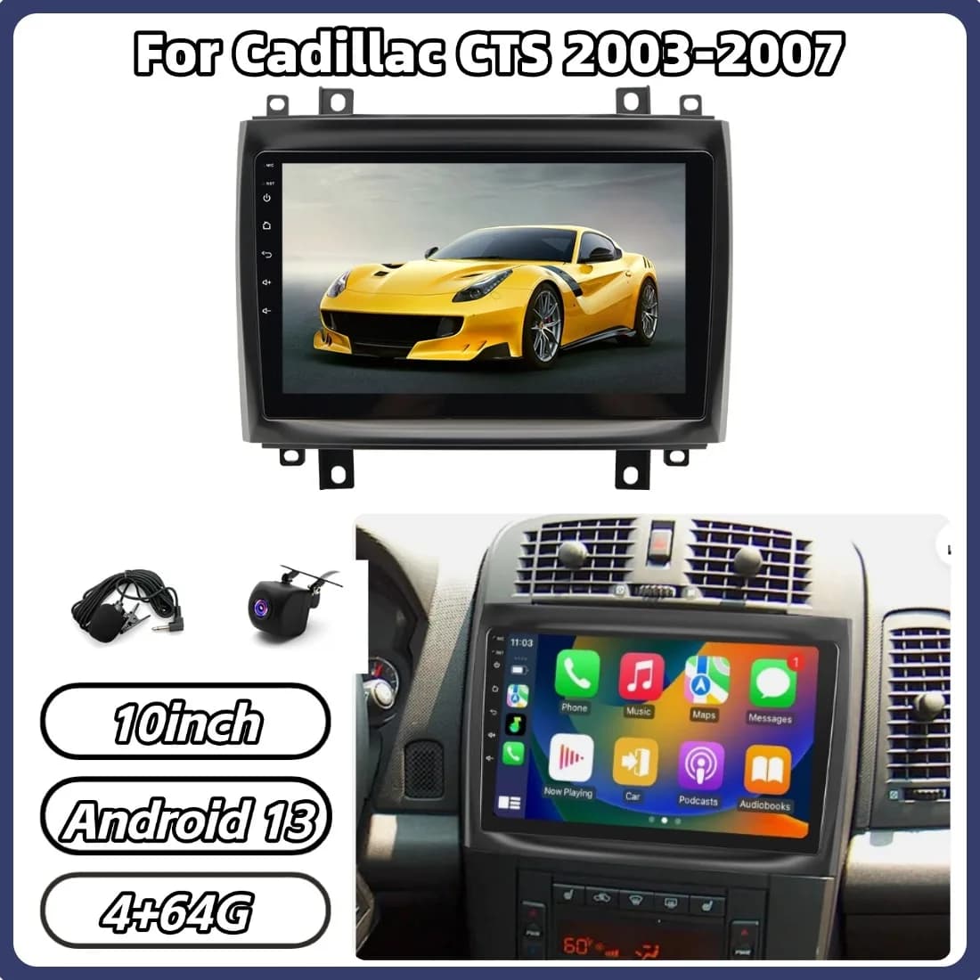 Autoradio 4+64G 10 Inch with GPS for Cadillac CTS 2003-2007, Android 14, CarPlay, Bluetooth, Multimedia Reader