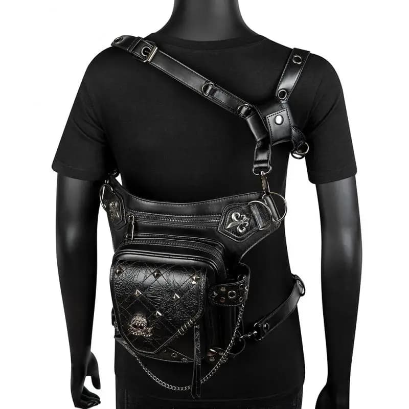 Punk Skull Rivet Crossbody Bag Medieval Motorcycle Phone Waist Bag with Adjustable Chain, Multi-Way Backpack Pu Leather