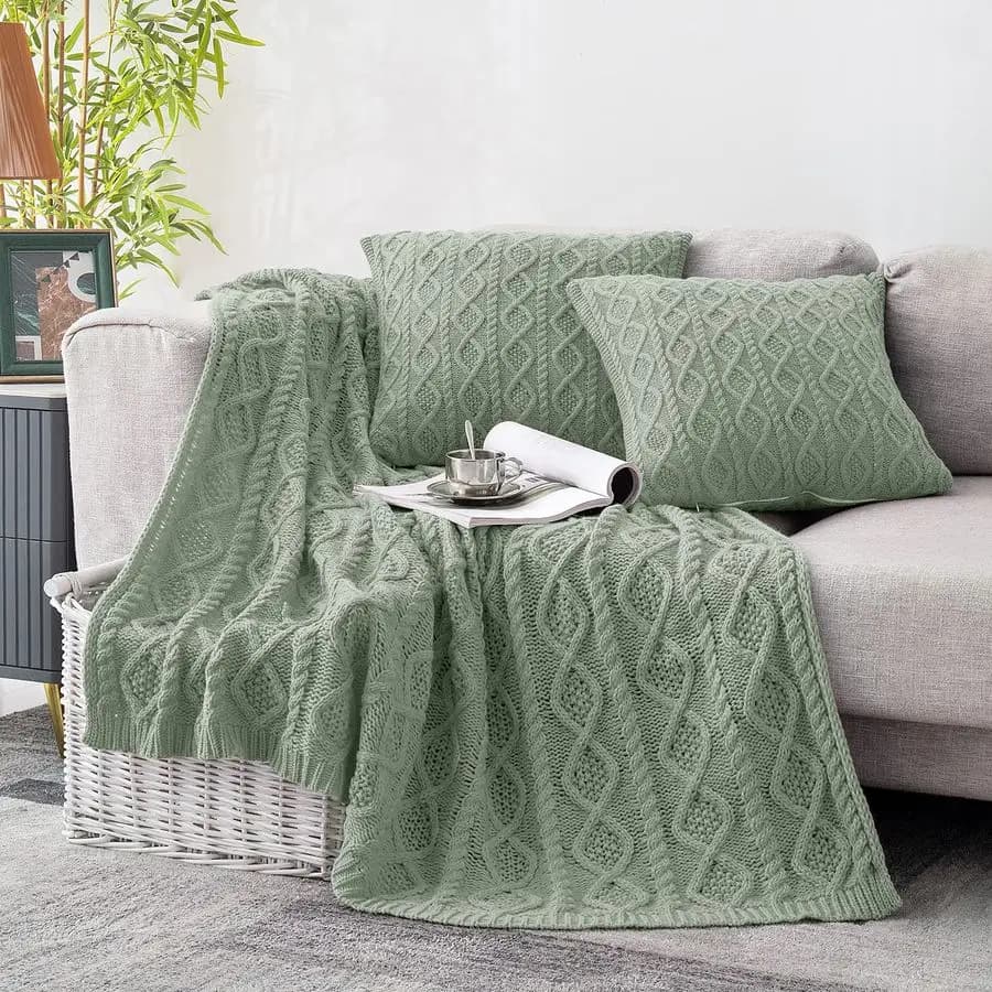 Covered Set and Knitting Bearings, Green Sautee, Set of 3, Blade Cover 50x60 and 2 True 18x18, Soft and Cozy for Furniture