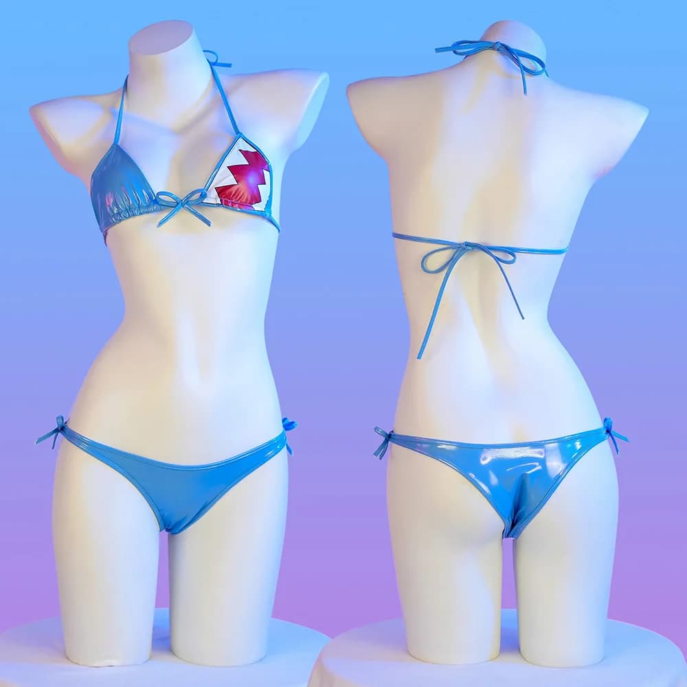 Costume da bagno bikini da donna sexy con schiena scoperta, stile anime e fumetto, per cosplay e giochi di ruolo, con motivo squalo carino